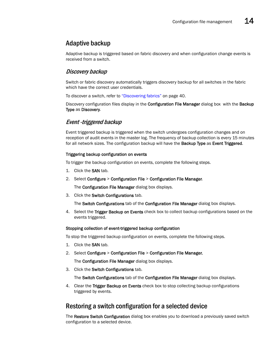 Adaptive backup, Discovery backup, Event -triggered backup | Brocade Network Advisor SAN + IP User Manual v12.3.0 User Manual | Page 707 / 2702