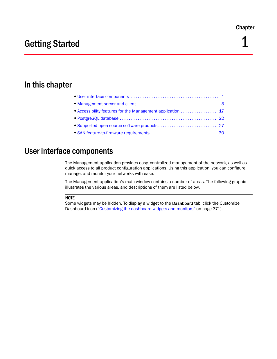 Getting started, User interface components, Chapter 1 | Chapter 1, “getting started | Brocade Network Advisor SAN + IP User Manual v12.3.0 User Manual | Page 71 / 2702
