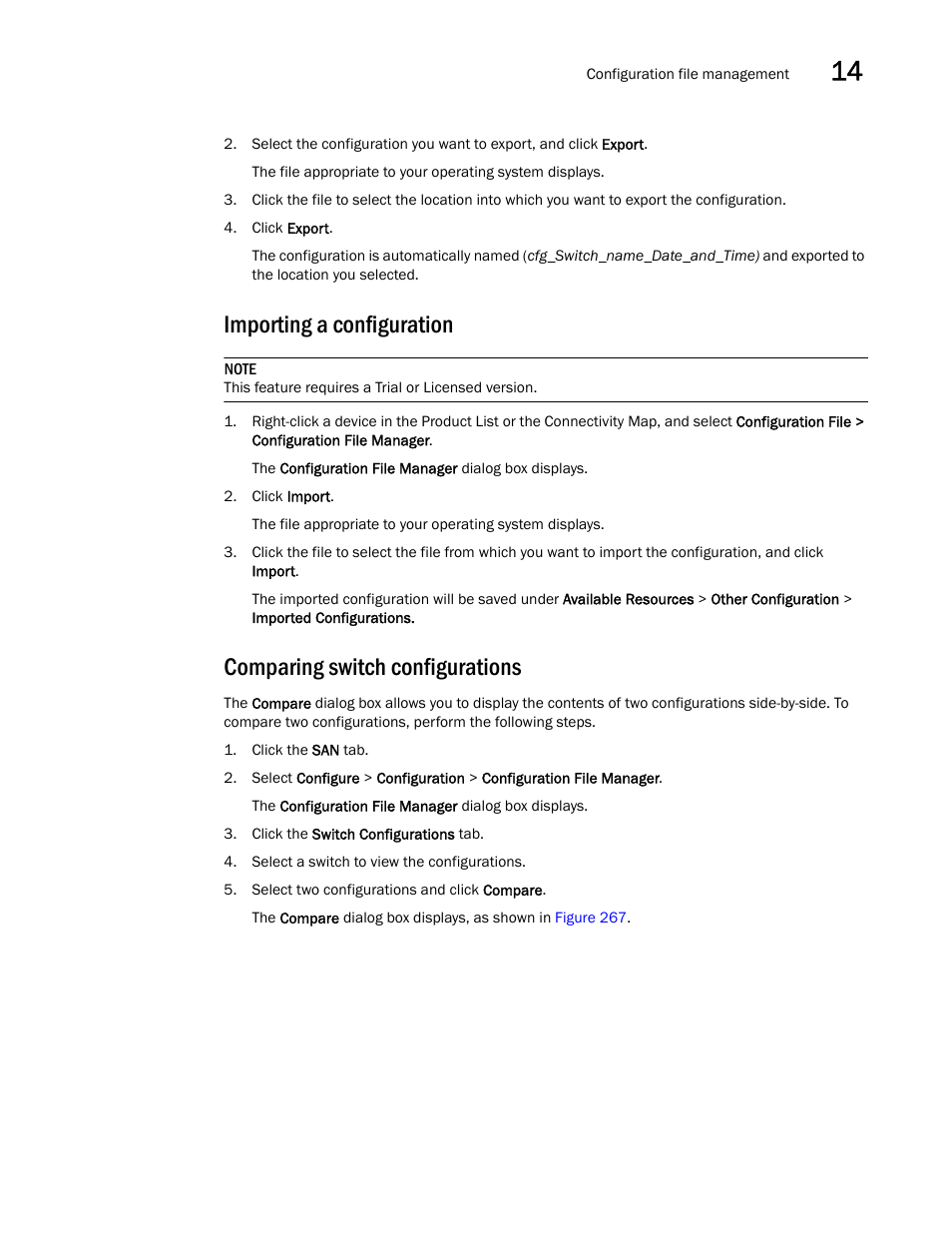 Importing a configuration, Comparing switch configurations, Importing a | Configuration | Brocade Network Advisor SAN + IP User Manual v12.3.0 User Manual | Page 717 / 2702