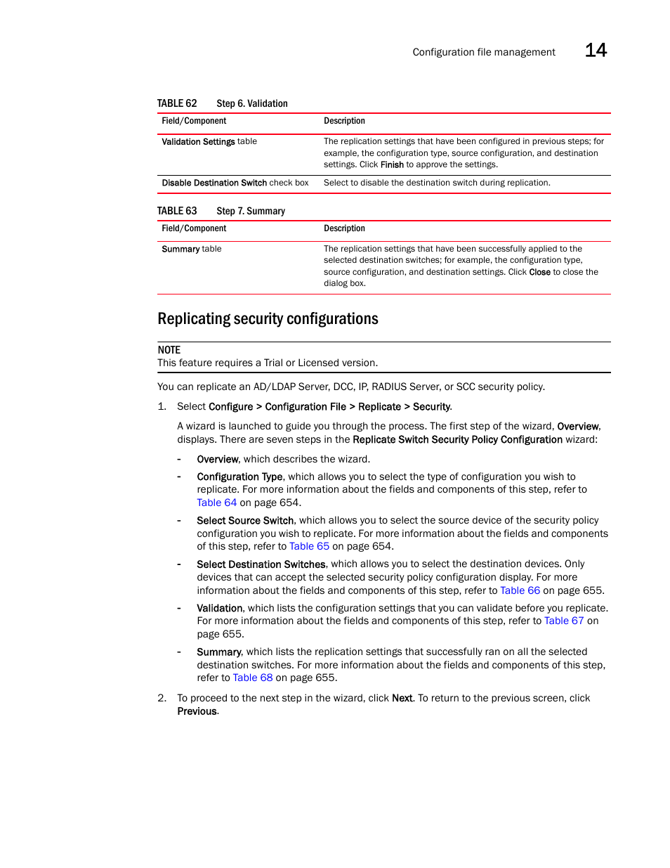 Replicating security configurations, Table 62, Table 63 | Brocade Network Advisor SAN + IP User Manual v12.3.0 User Manual | Page 725 / 2702