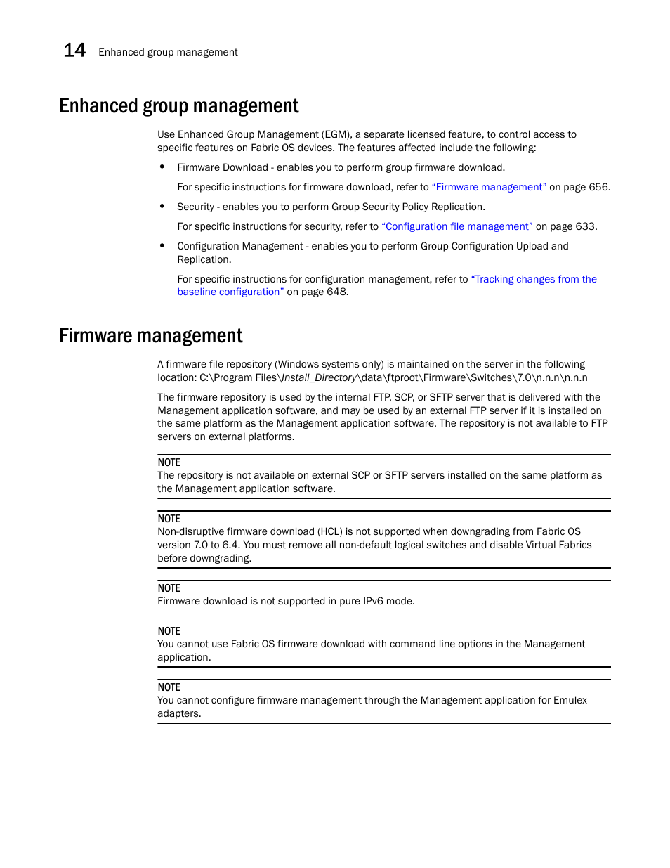 Enhanced group management, Firmware management | Brocade Network Advisor SAN + IP User Manual v12.3.0 User Manual | Page 728 / 2702