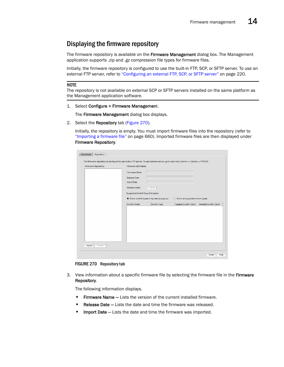 Displaying the firmware repository | Brocade Network Advisor SAN + IP User Manual v12.3.0 User Manual | Page 731 / 2702