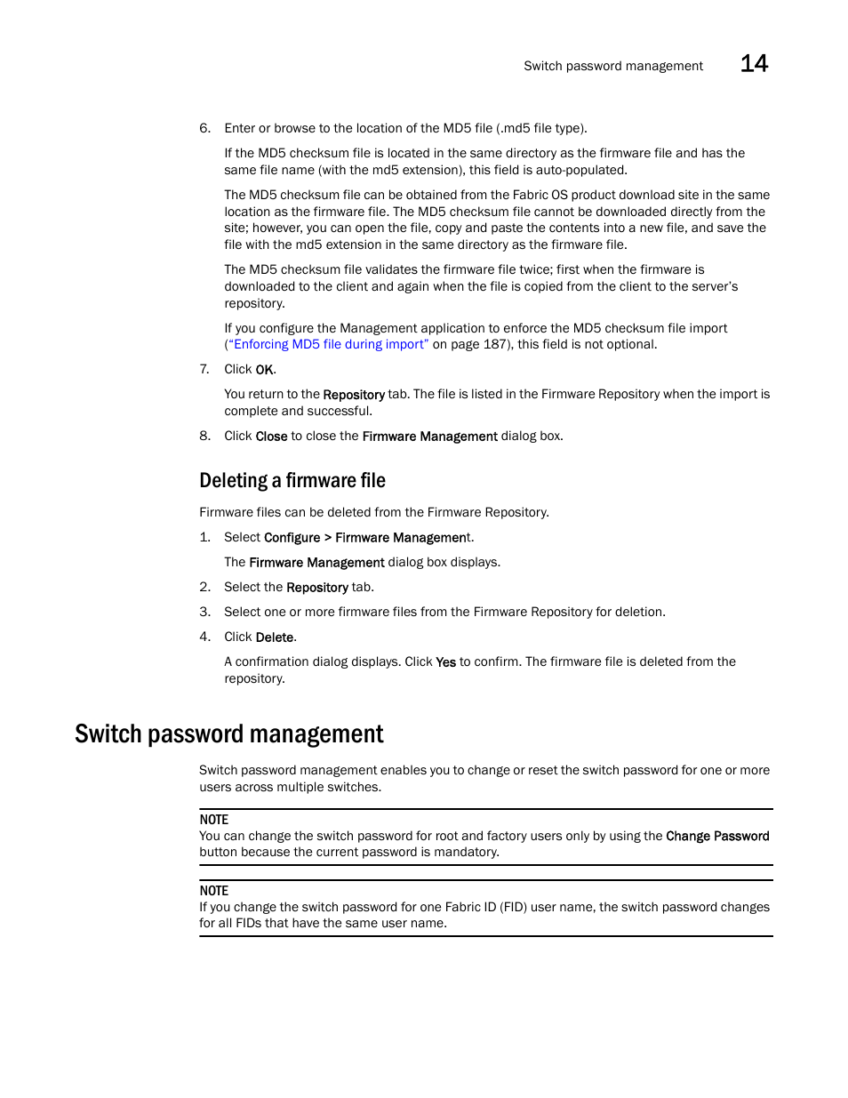 Deleting a firmware file, Switch password management, Deleting a firmware | File | Brocade Network Advisor SAN + IP User Manual v12.3.0 User Manual | Page 733 / 2702