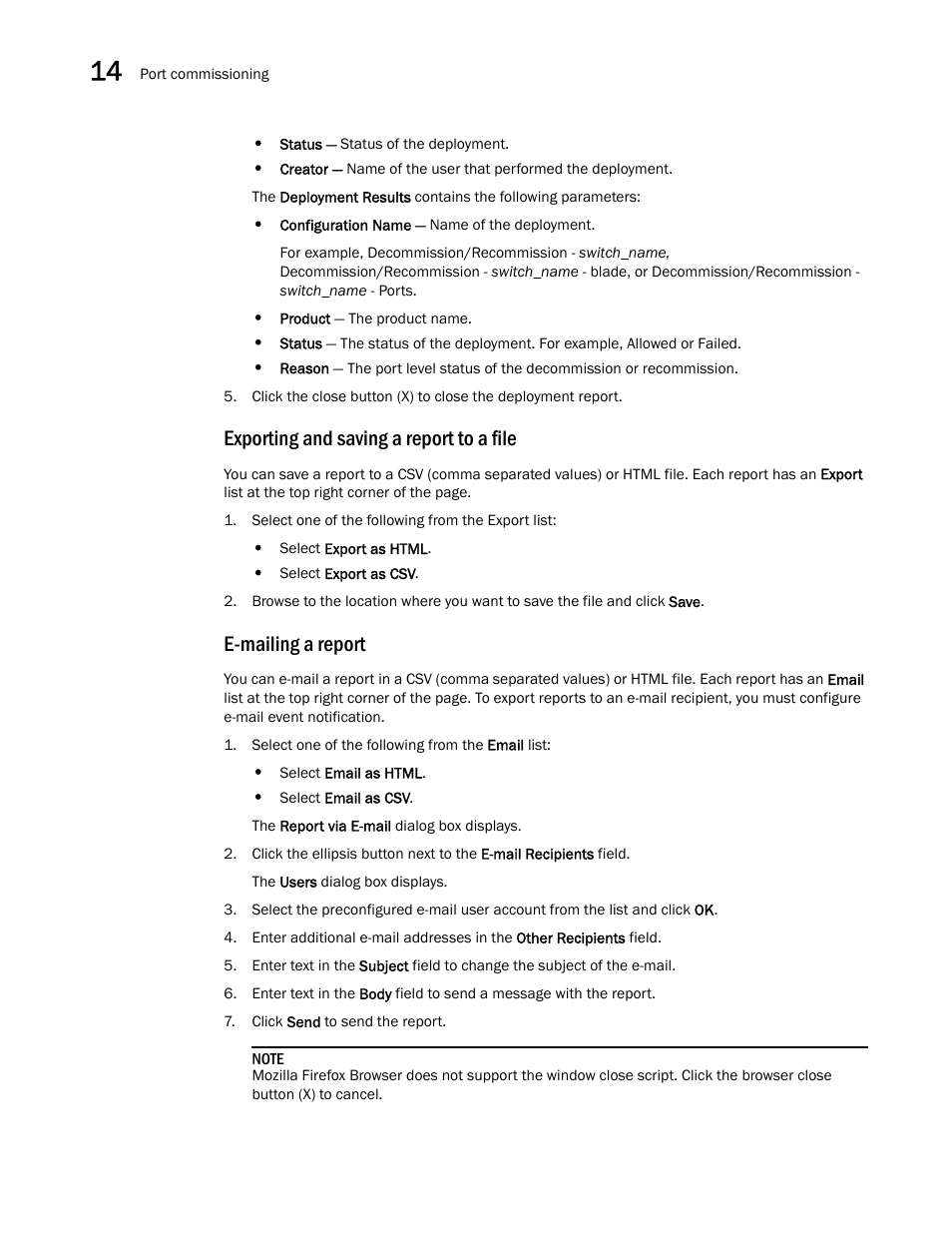 Exporting and saving a report to a file, E-mailing a report | Brocade Network Advisor SAN + IP User Manual v12.3.0 User Manual | Page 768 / 2702