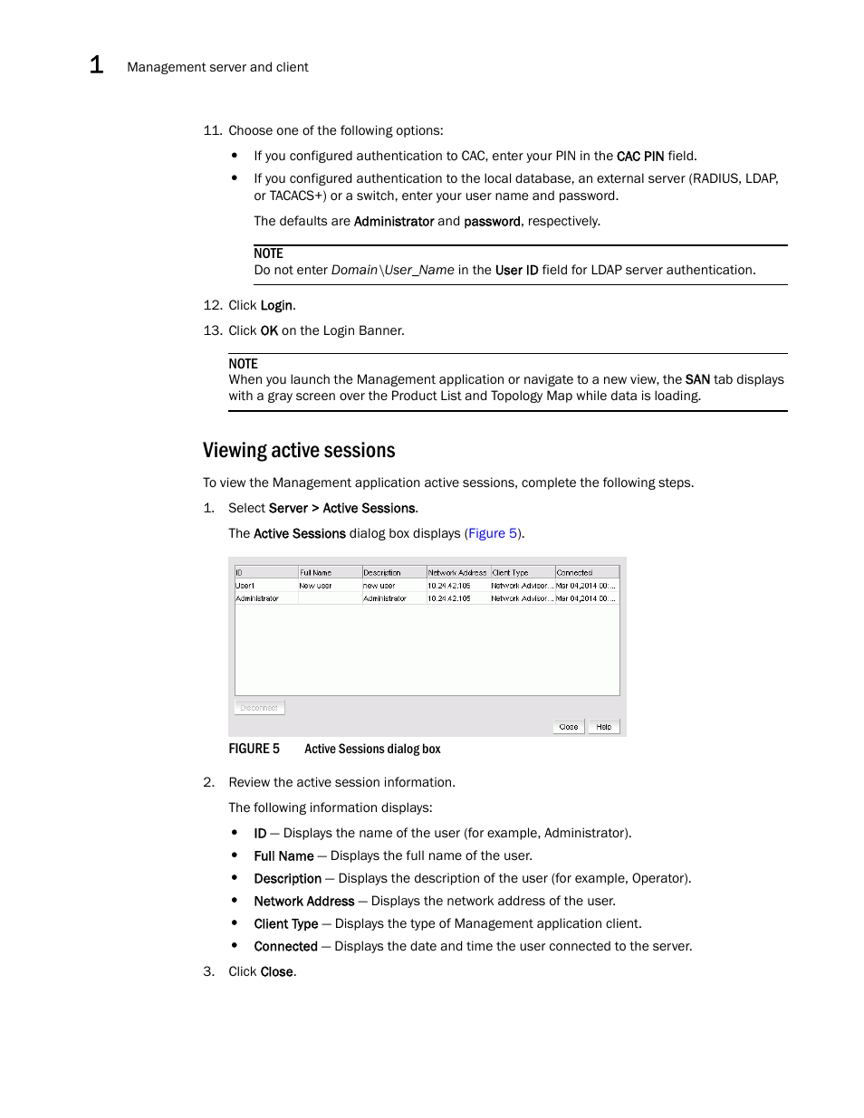 Viewing active sessions | Brocade Network Advisor SAN + IP User Manual v12.3.0 User Manual | Page 80 / 2702