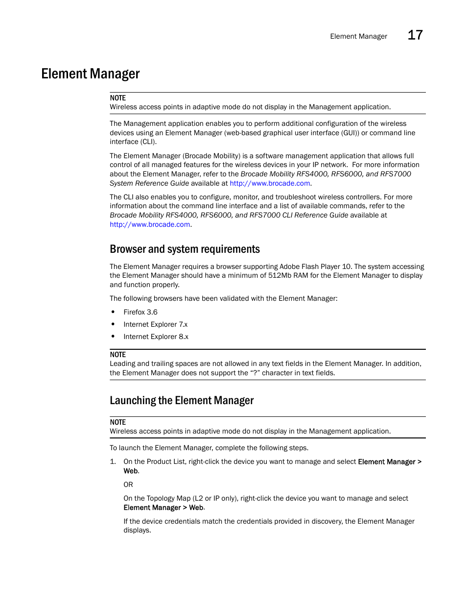 Element manager, Launching the element manager, Browser and system requirements | Brocade Network Advisor SAN + IP User Manual v12.3.0 User Manual | Page 801 / 2702