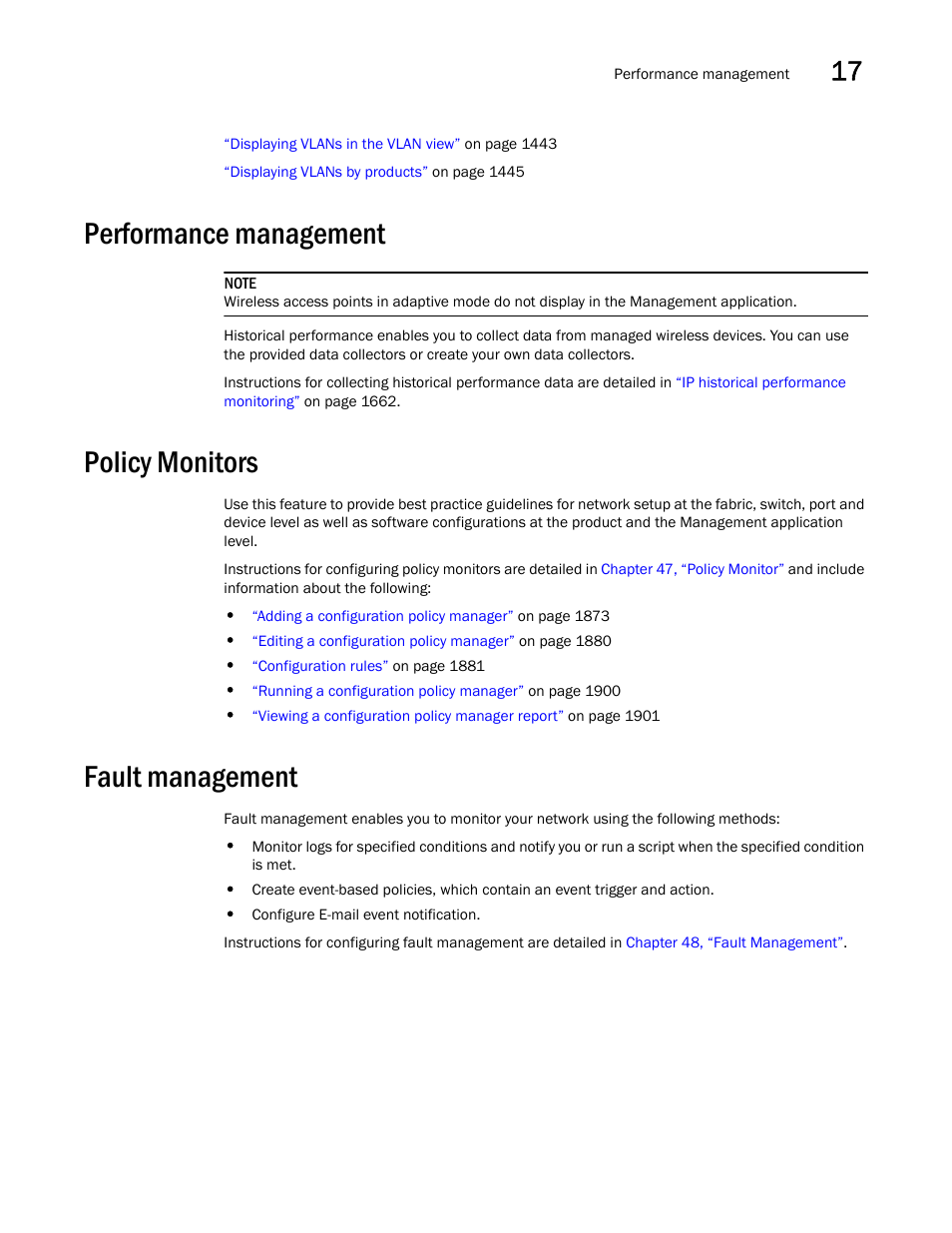 Performance management, Policy monitors, Fault management | Brocade Network Advisor SAN + IP User Manual v12.3.0 User Manual | Page 805 / 2702