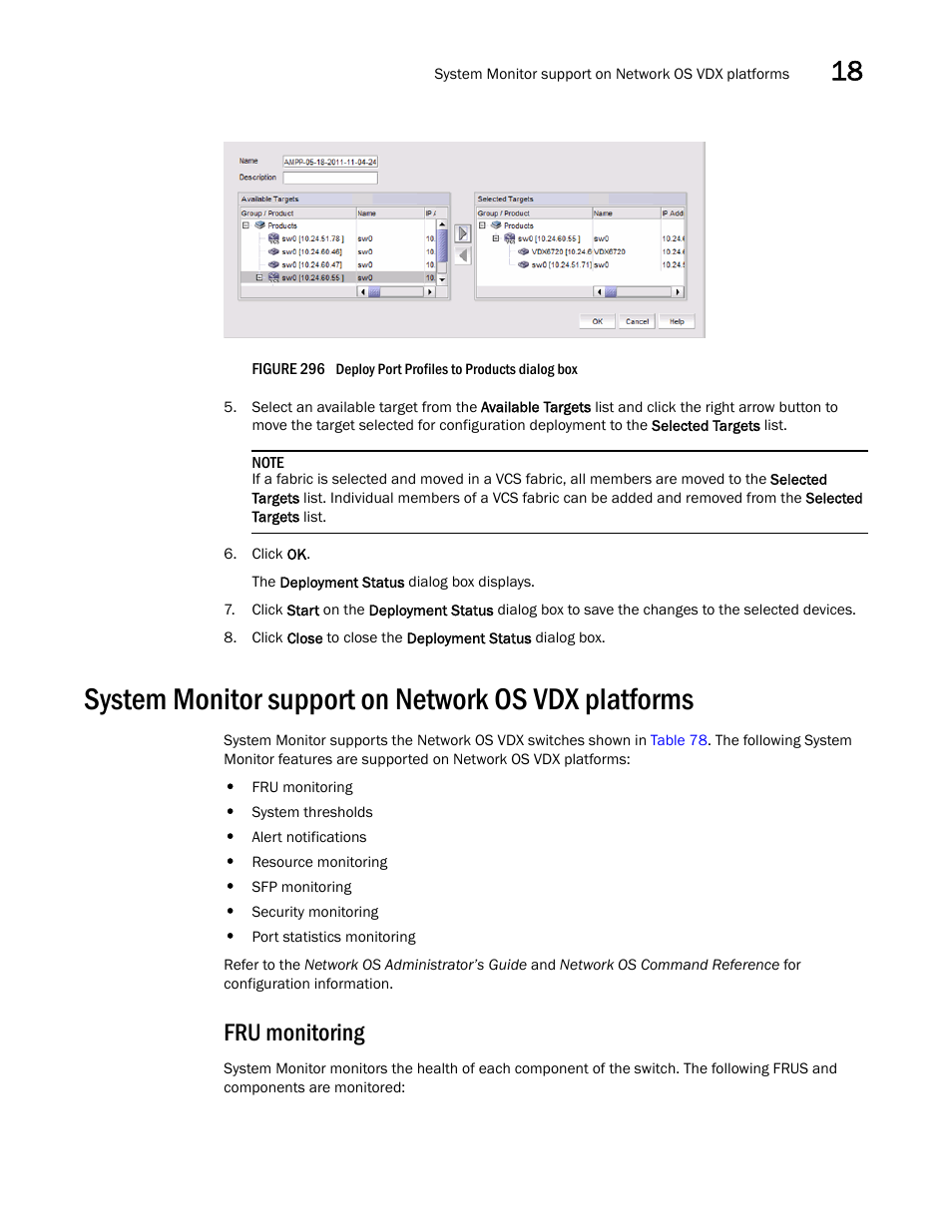 System monitor support on network os vdx platforms, Fru monitoring | Brocade Network Advisor SAN + IP User Manual v12.3.0 User Manual | Page 825 / 2702