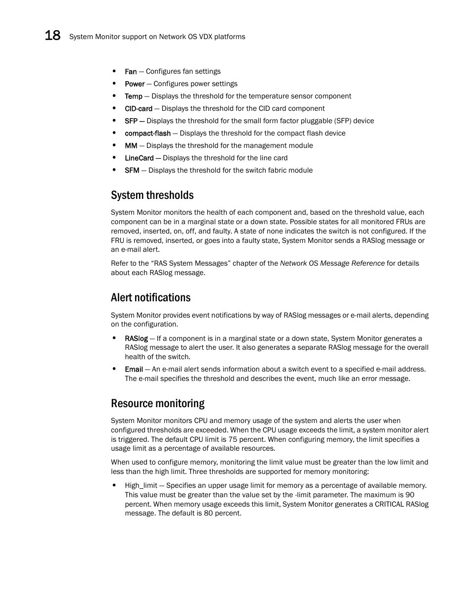 System thresholds, Alert notifications, Resource monitoring | Brocade Network Advisor SAN + IP User Manual v12.3.0 User Manual | Page 826 / 2702