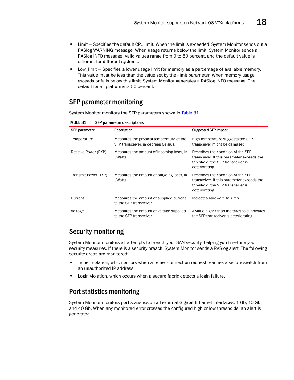 Sfp parameter monitoring, Security monitoring, Port statistics monitoring | Brocade Network Advisor SAN + IP User Manual v12.3.0 User Manual | Page 827 / 2702