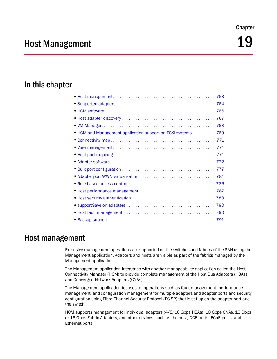 Host management, Chapter 19, Chapter 19, “host management | Brocade Network Advisor SAN + IP User Manual v12.3.0 User Manual | Page 835 / 2702