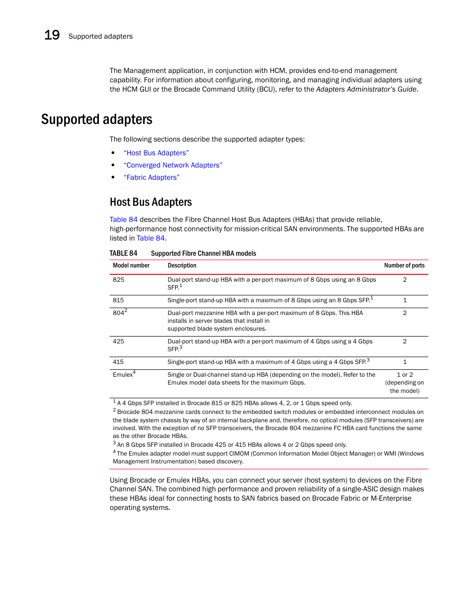 Supported adapters, Host bus adapters | Brocade Network Advisor SAN + IP User Manual v12.3.0 User Manual | Page 836 / 2702