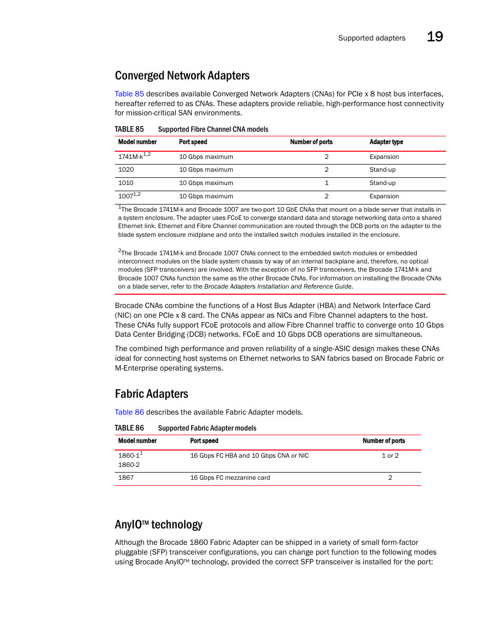 Converged network adapters, Fabric adapters, Anyiotm technology | Anyio, Technology | Brocade Network Advisor SAN + IP User Manual v12.3.0 User Manual | Page 837 / 2702