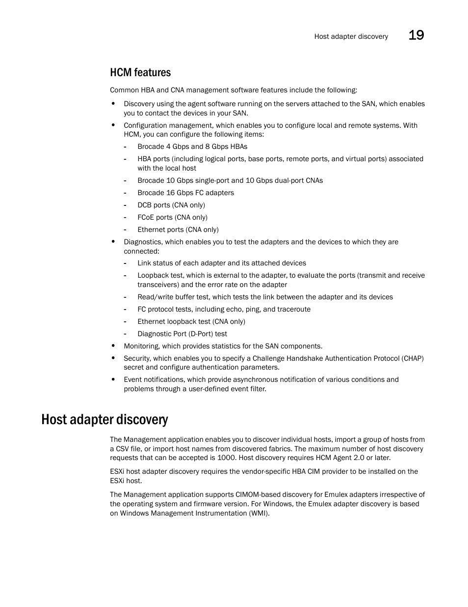 Hcm features, Host adapter discovery | Brocade Network Advisor SAN + IP User Manual v12.3.0 User Manual | Page 839 / 2702