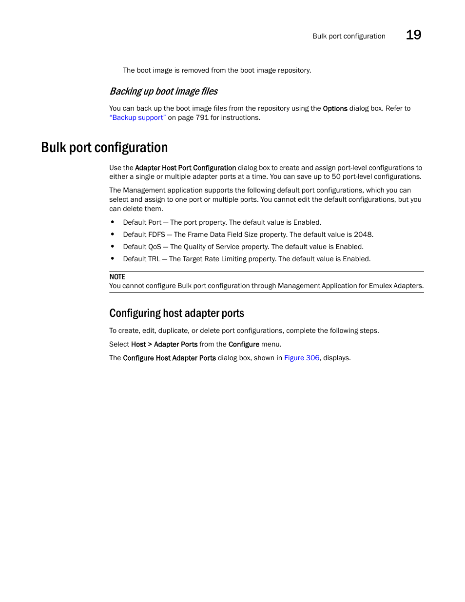Bulk port configuration, Configuring host adapter ports, Backing up boot image files | Brocade Network Advisor SAN + IP User Manual v12.3.0 User Manual | Page 849 / 2702