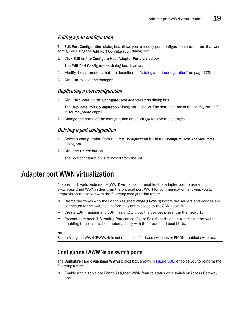 Adapter port wwn virtualization, Configuring fawwns on switch ports, Editing a port configuration | Duplicating a port configuration, Deleting a port configuration | Brocade Network Advisor SAN + IP User Manual v12.3.0 User Manual | Page 853 / 2702