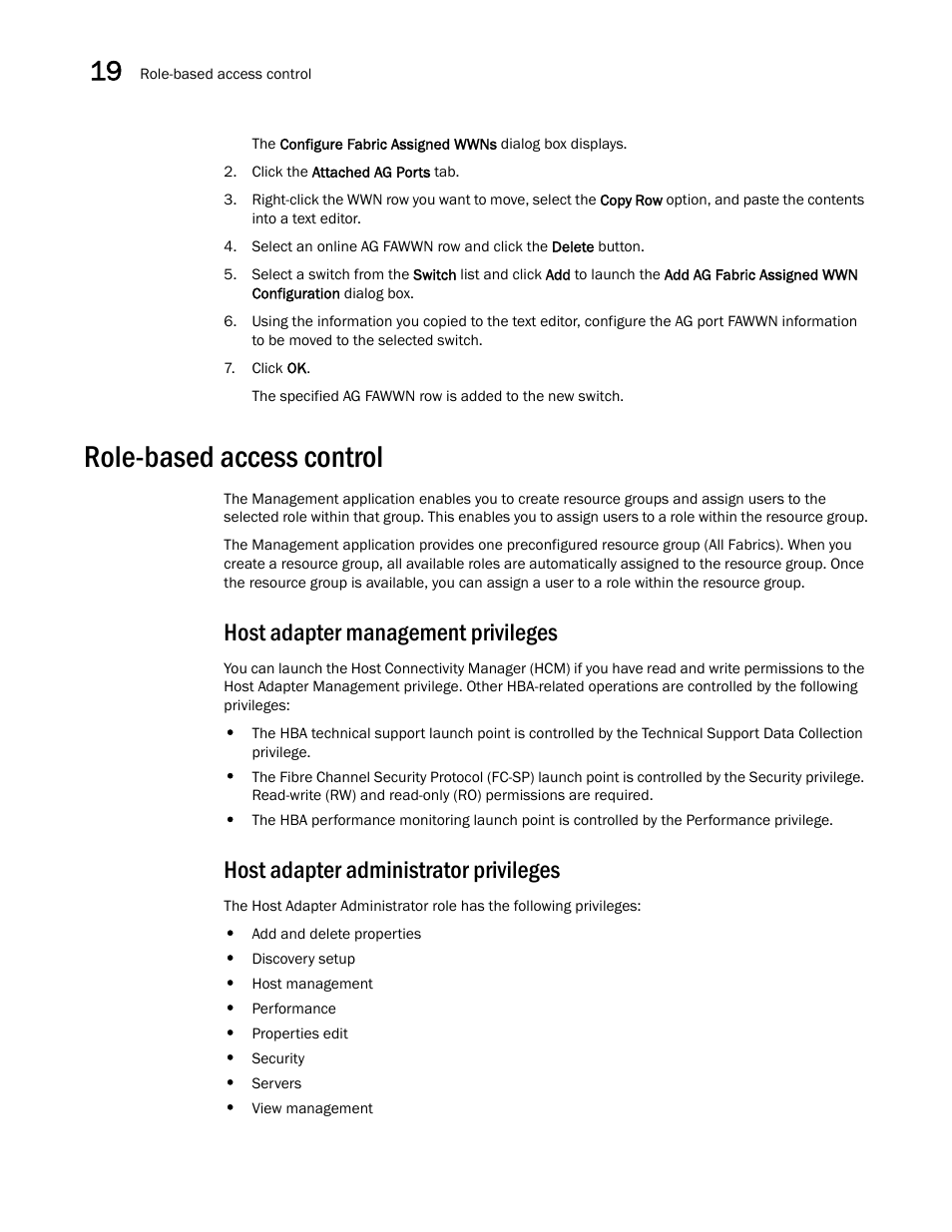 Role-based access control, Host adapter management privileges, Host adapter administrator privileges | Brocade Network Advisor SAN + IP User Manual v12.3.0 User Manual | Page 858 / 2702
