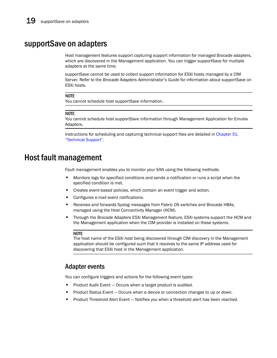 Supportsave on adapters, Host fault management, Adapter events | Brocade Network Advisor SAN + IP User Manual v12.3.0 User Manual | Page 862 / 2702