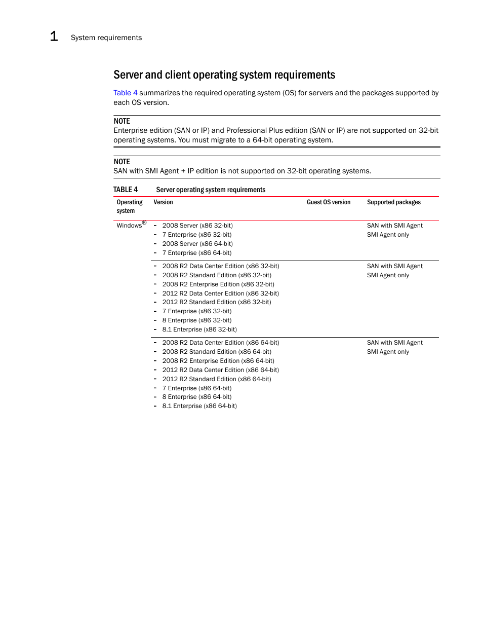 Server and client operating system requirements | Brocade Network Advisor SAN Installation and Migration Guide (Supporting Network Advisor 12.3.0) User Manual | Page 18 / 93