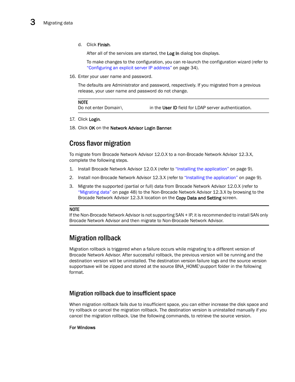 Cross flavor migration, Migration rollback, Migration rollback due to insufficient space | Brocade Network Advisor SAN Installation and Migration Guide (Supporting Network Advisor 12.3.0) User Manual | Page 70 / 93