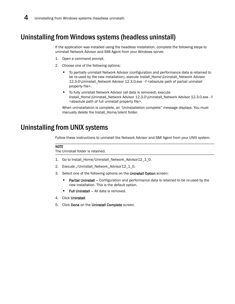 Uninstalling from unix systems | Brocade Network Advisor SAN Installation and Migration Guide (Supporting Network Advisor 12.3.0) User Manual | Page 74 / 93
