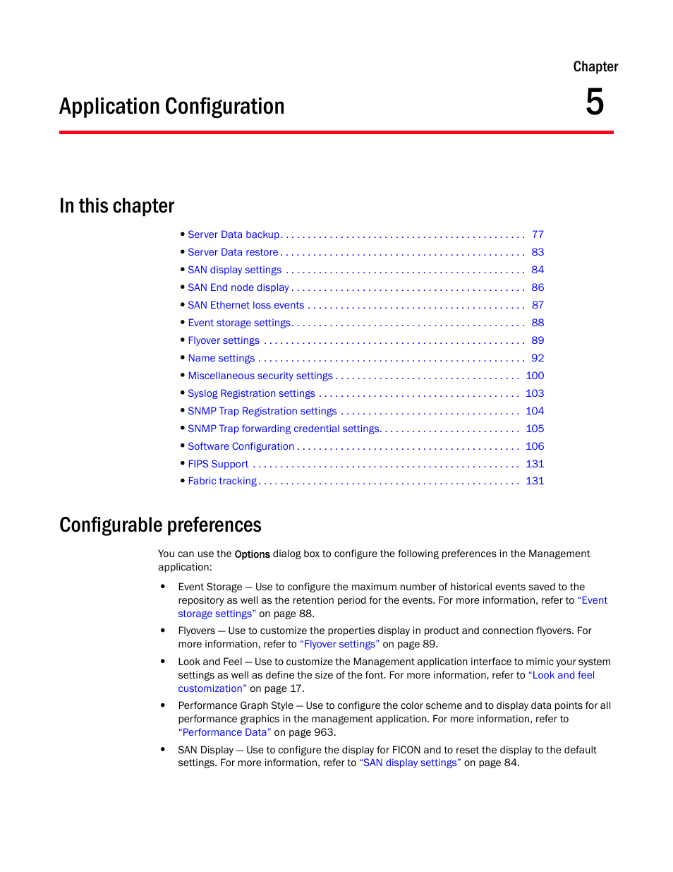 Application configuration, Configurable preferences, Chapter 5 | Chapter 5, “application configuration, Chapter | Brocade Network Advisor SAN User Manual v12.1.0 User Manual | Page 125 / 1690