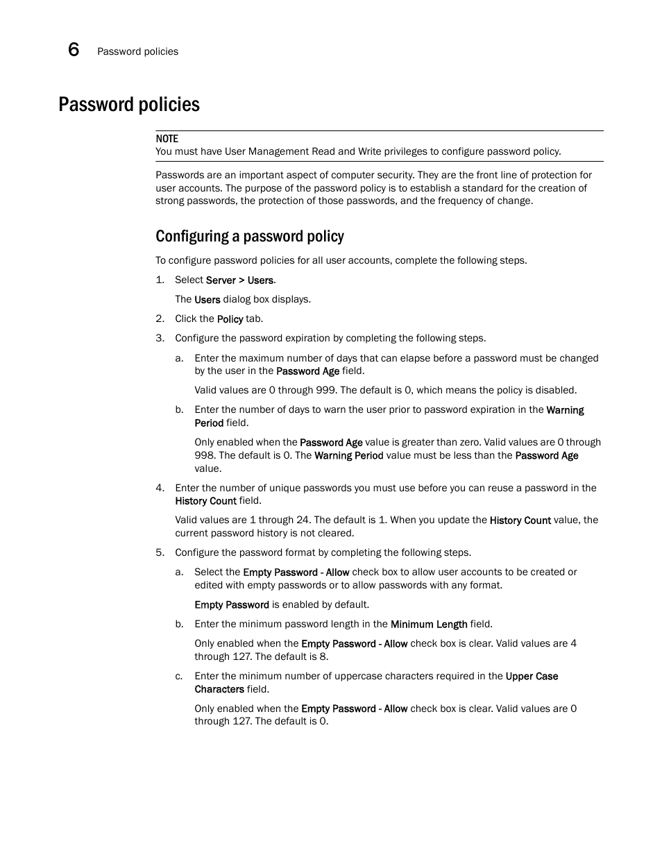 Password policies, Configuring a password policy | Brocade Network Advisor SAN User Manual v12.1.0 User Manual | Page 204 / 1690