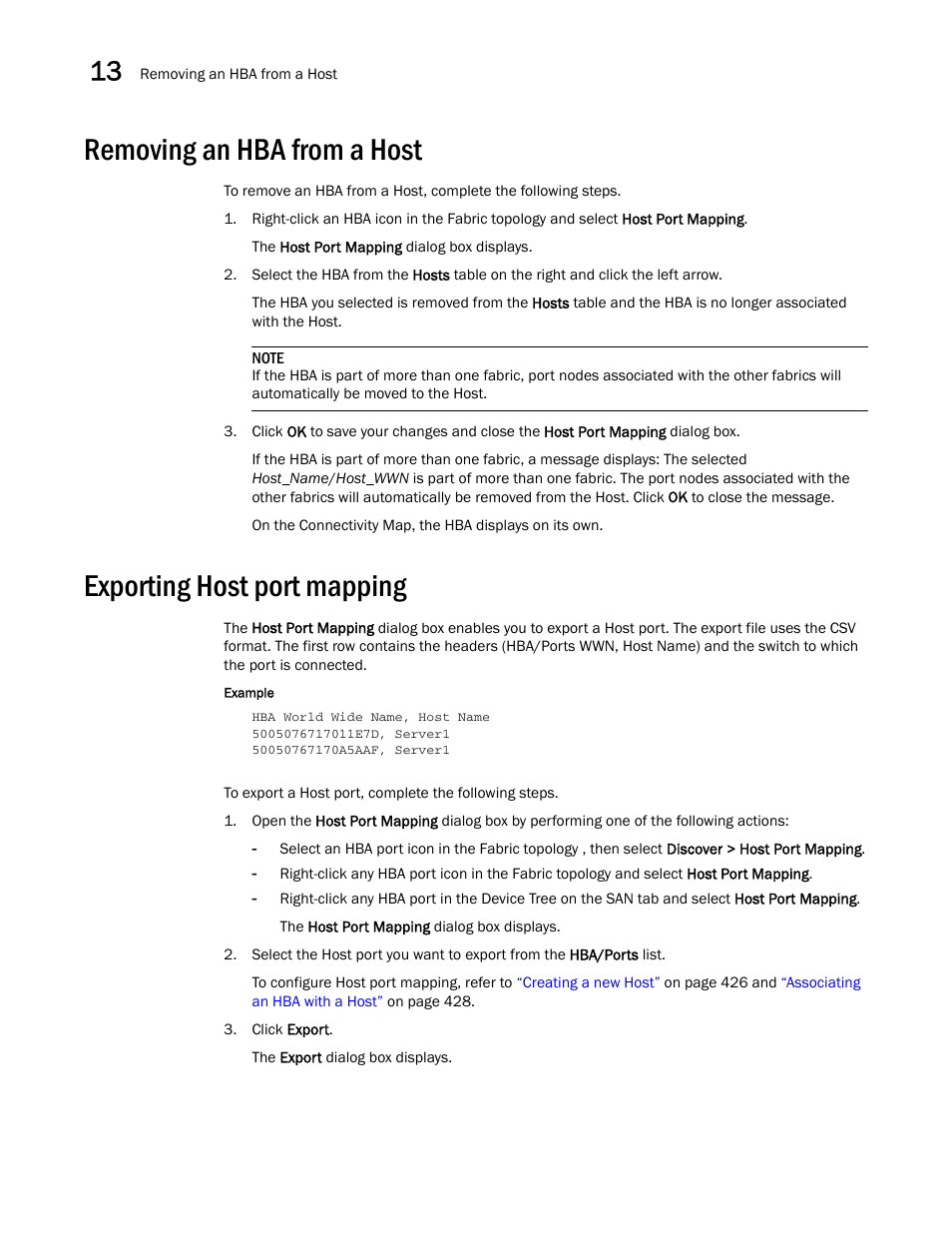 Removing an hba from a host, Exporting host port mapping | Brocade Network Advisor SAN User Manual v12.1.0 User Manual | Page 478 / 1690