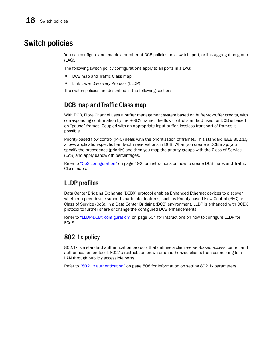 Switch policies, Dcb map and traffic class map, Lldp profiles | 1x policy | Brocade Network Advisor SAN User Manual v12.1.0 User Manual | Page 526 / 1690