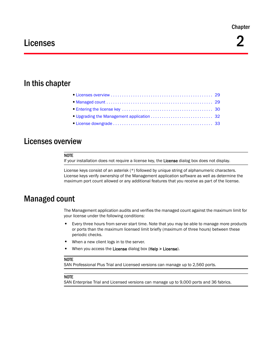 Licenses, Licenses overview, Managed count | Chapter 2, Chapter 2, “licenses | Brocade Network Advisor SAN User Manual v12.1.0 User Manual | Page 79 / 1690