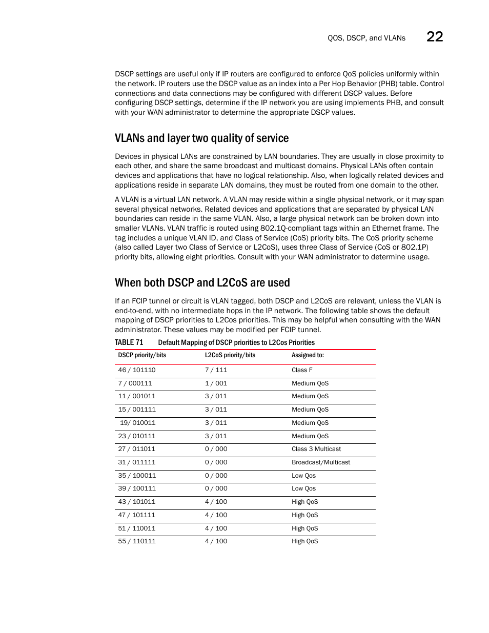 Vlans and layer two quality of service, When both dscp and l2cos are used | Brocade Network Advisor SAN User Manual v12.1.0 User Manual | Page 871 / 1690