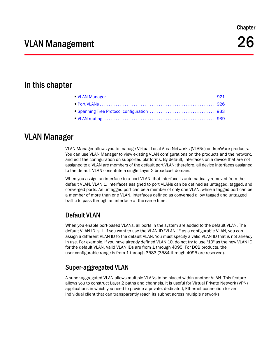 Vlan management, Vlan manager, Default vlan | Super-aggregated vlan, Chapter 26, Default vlan super-aggregated vlan, Chapter 26, “vlan management | Brocade Network Advisor SAN User Manual v12.1.0 User Manual | Page 969 / 1690