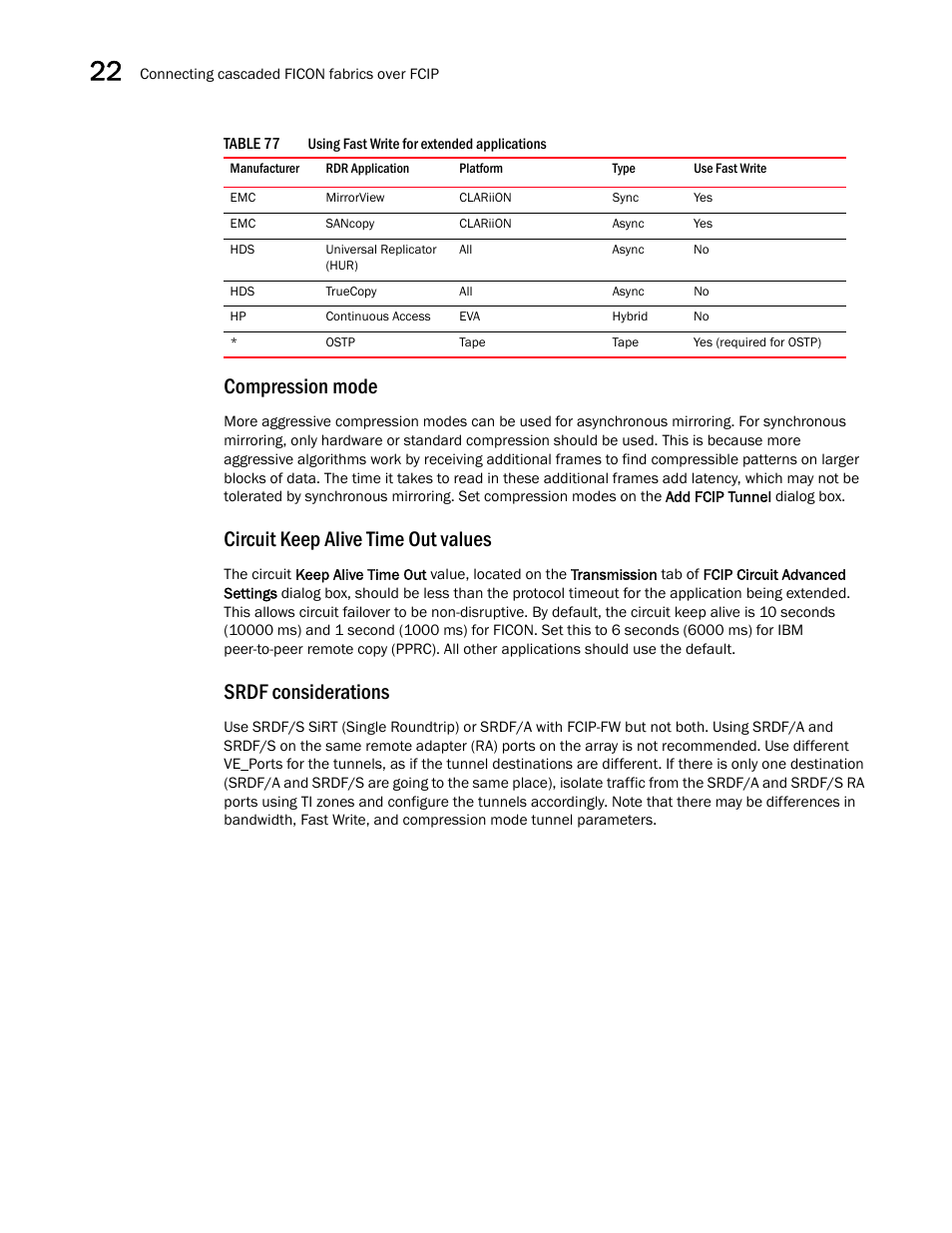 Compression mode, Circuit keep alive time out values, Srdf considerations | Brocade Network Advisor SAN User Manual v12.3.0 User Manual | Page 1008 / 1940