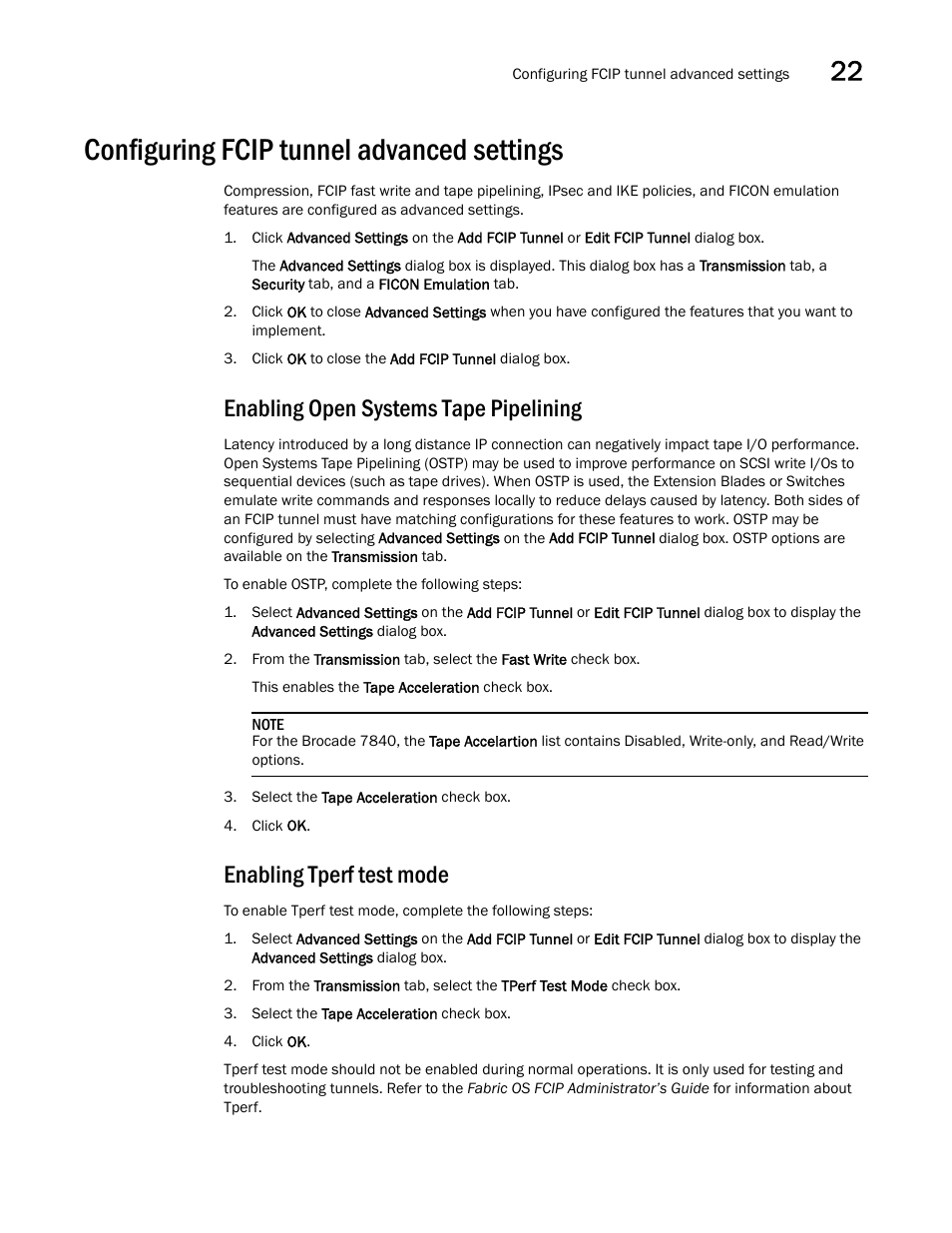 Configuring fcip tunnel advanced settings, Enabling open systems tape pipelining, Enabling tperf test mode | Enabling, Open systems tape pipelining | Brocade Network Advisor SAN User Manual v12.3.0 User Manual | Page 1019 / 1940