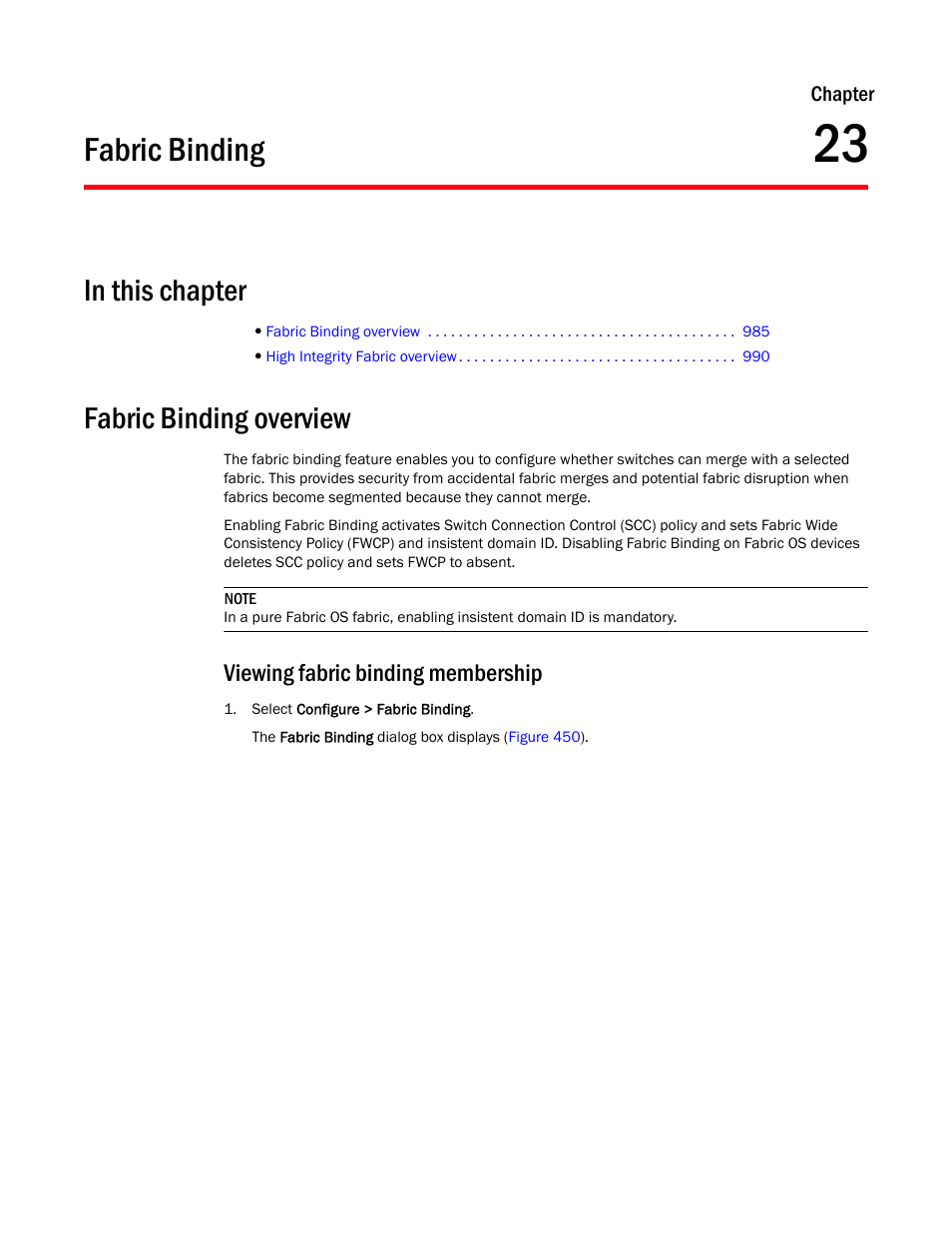 Fabric binding, Fabric binding overview, Viewing fabric binding membership | Chapter 23, Chapter 23, “fabric binding | Brocade Network Advisor SAN User Manual v12.3.0 User Manual | Page 1037 / 1940