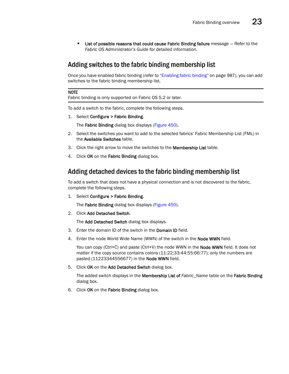 Adding switches to the fabric, Binding membership list, Adding detached devices to the fabric | Adding, Switches to the fabric binding membership list | Brocade Network Advisor SAN User Manual v12.3.0 User Manual | Page 1041 / 1940