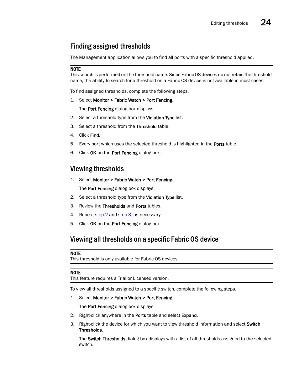 Finding assigned thresholds, Viewing thresholds | Brocade Network Advisor SAN User Manual v12.3.0 User Manual | Page 1065 / 1940