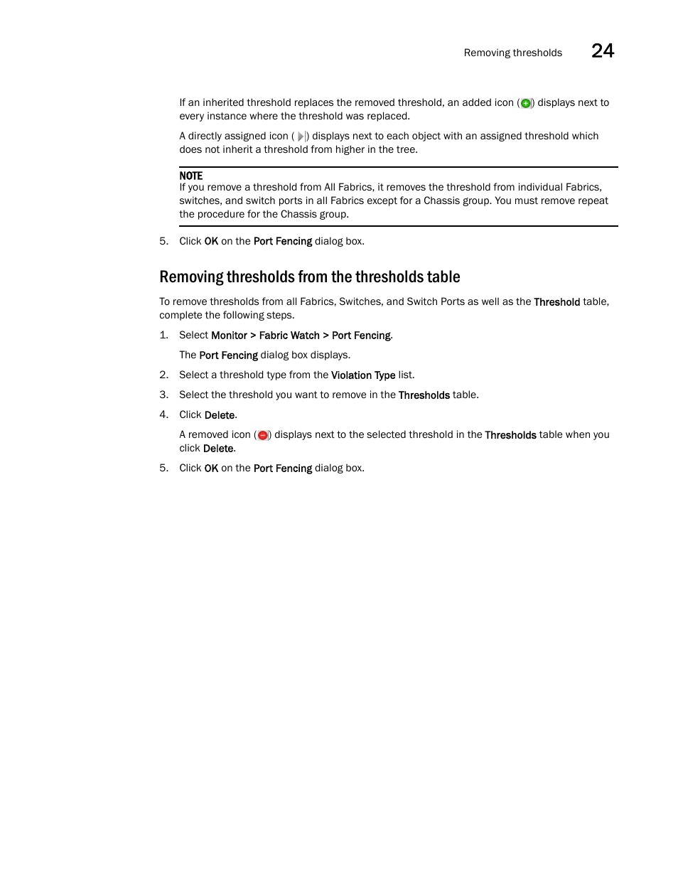 Removing thresholds from the thresholds table, Removing thresholds, From the thresholds table | Brocade Network Advisor SAN User Manual v12.3.0 User Manual | Page 1067 / 1940