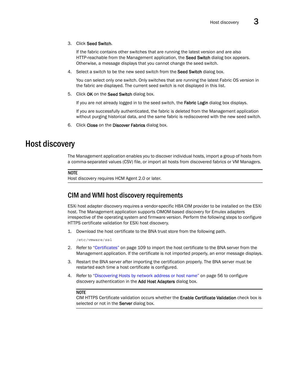 Host discovery, Cim and wmi host discovery requirements | Brocade Network Advisor SAN User Manual v12.3.0 User Manual | Page 107 / 1940