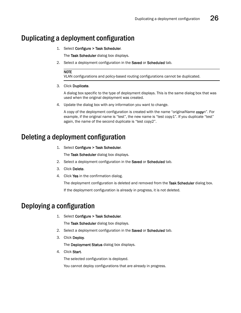 Duplicating a deployment configuration, Deleting a deployment configuration, Deploying a configuration | Duplicating a deployment configuration 9, Deleting a deployment configuration 9, Deploying a configuration 9 | Brocade Network Advisor SAN User Manual v12.3.0 User Manual | Page 1101 / 1940