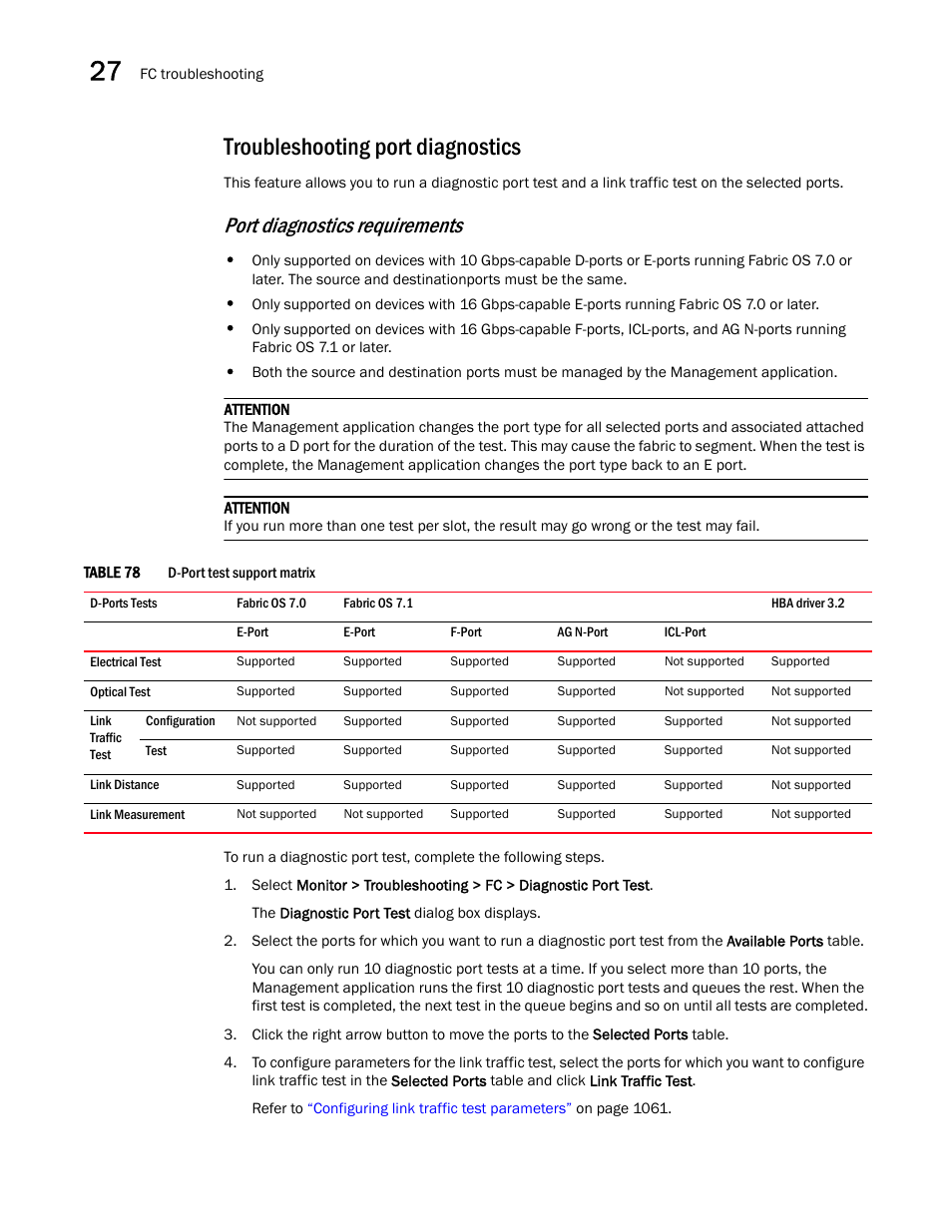 Troubleshooting port diagnostics, Port diagnostics requirements | Brocade Network Advisor SAN User Manual v12.3.0 User Manual | Page 1110 / 1940