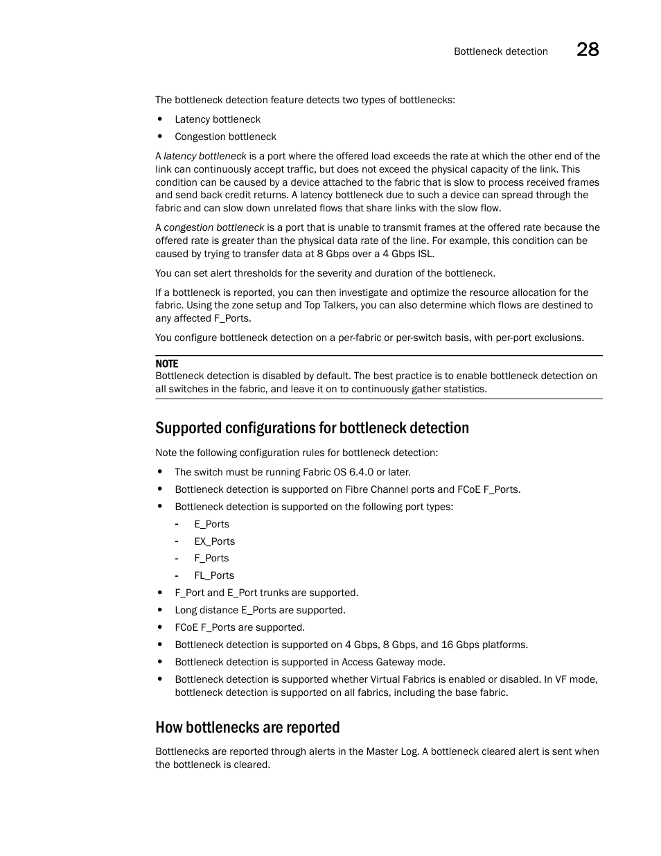 Supported configurations for bottleneck detection, How bottlenecks are reported | Brocade Network Advisor SAN User Manual v12.3.0 User Manual | Page 1153 / 1940