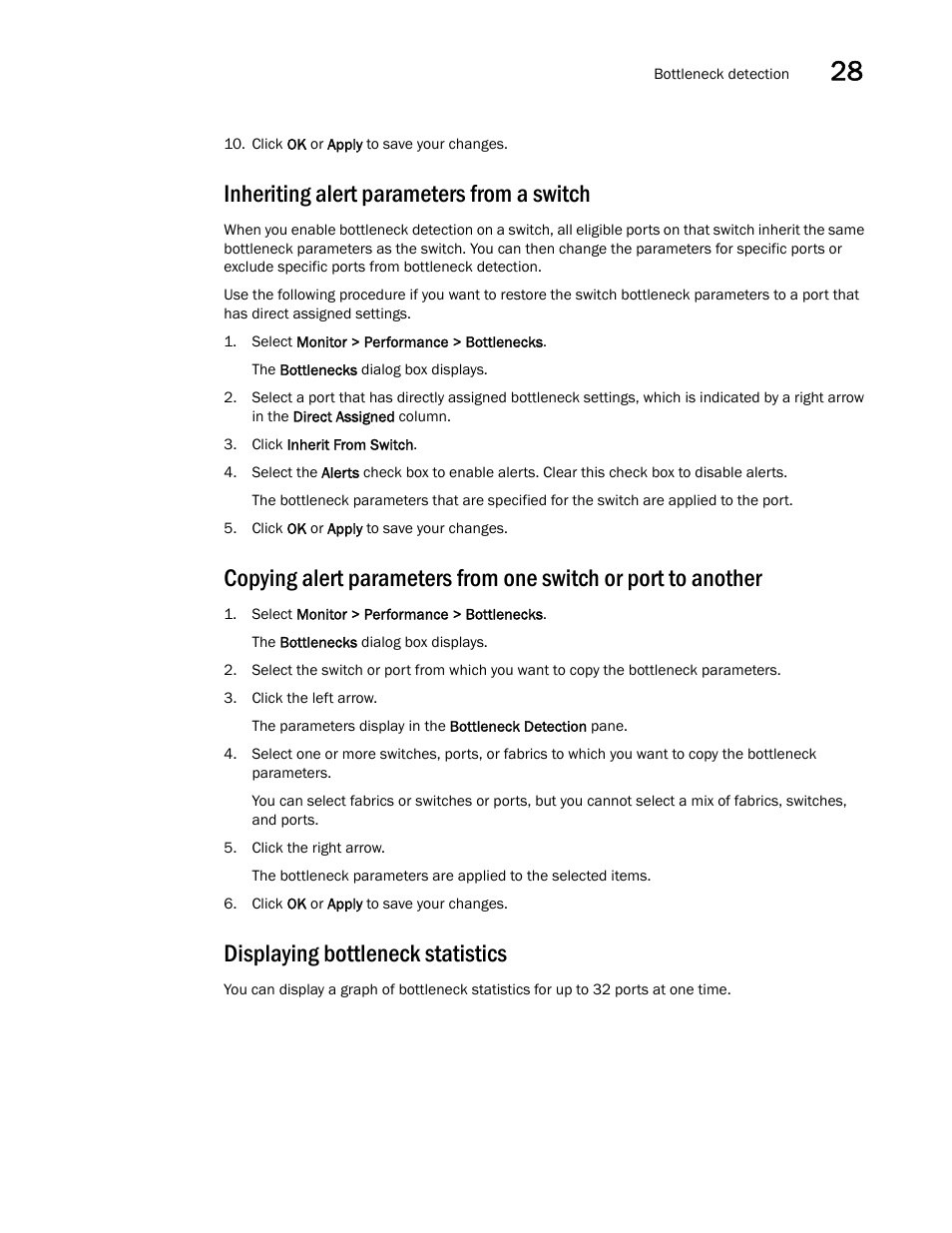 Inheriting alert parameters from a switch, Displaying bottleneck statistics | Brocade Network Advisor SAN User Manual v12.3.0 User Manual | Page 1157 / 1940