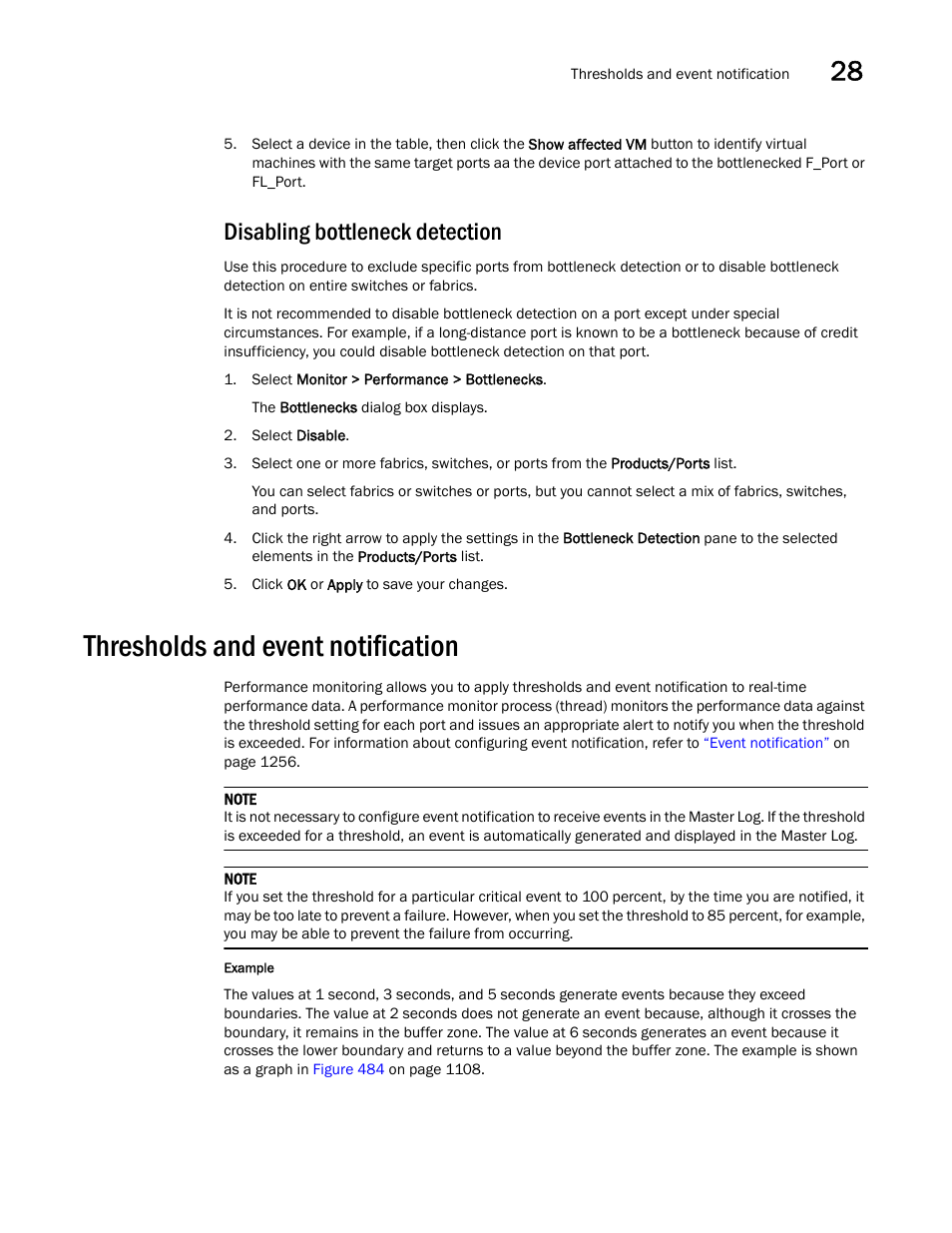 Disabling bottleneck detection, Thresholds and event notification, Thresholds and event notification 7 | Brocade Network Advisor SAN User Manual v12.3.0 User Manual | Page 1159 / 1940