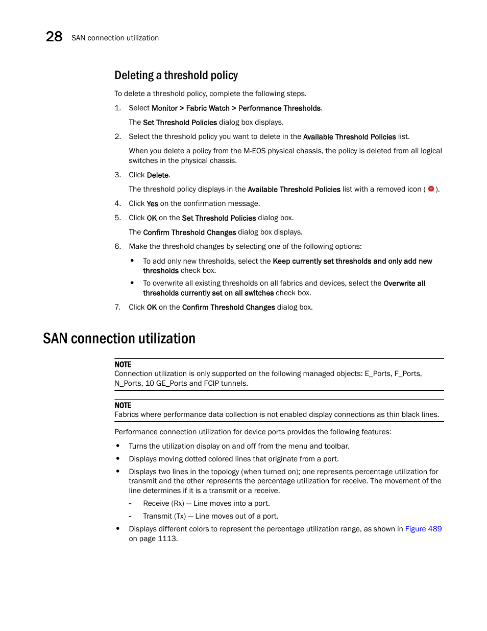 Deleting a threshold policy, San connection utilization, San connection utilization 2 | Brocade Network Advisor SAN User Manual v12.3.0 User Manual | Page 1164 / 1940