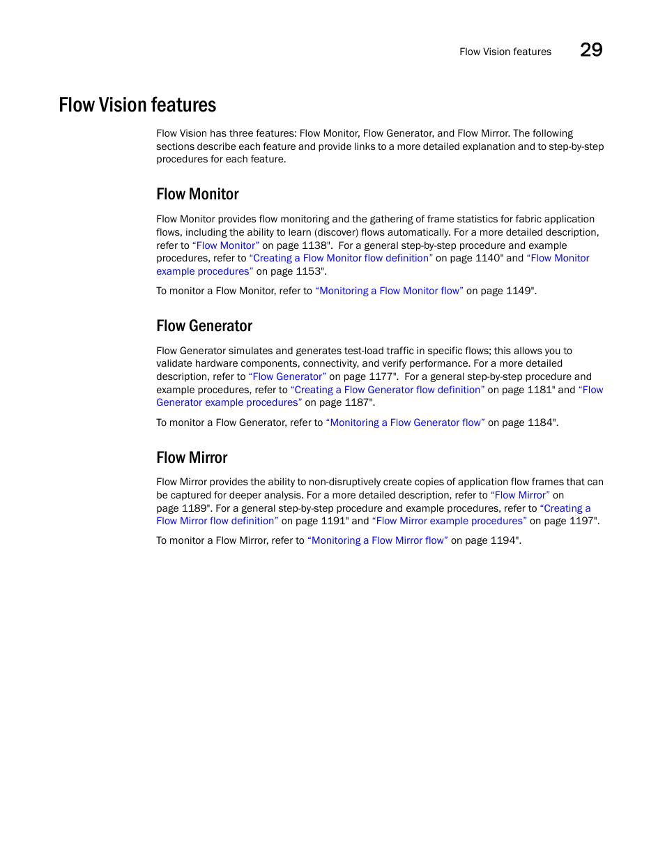 Flow vision features, Flow monitor, Flow generator | Flow mirror, Flow monitor 7 flow generator 7 flow mirror 7, Flow vision features 7 | Brocade Network Advisor SAN User Manual v12.3.0 User Manual | Page 1179 / 1940