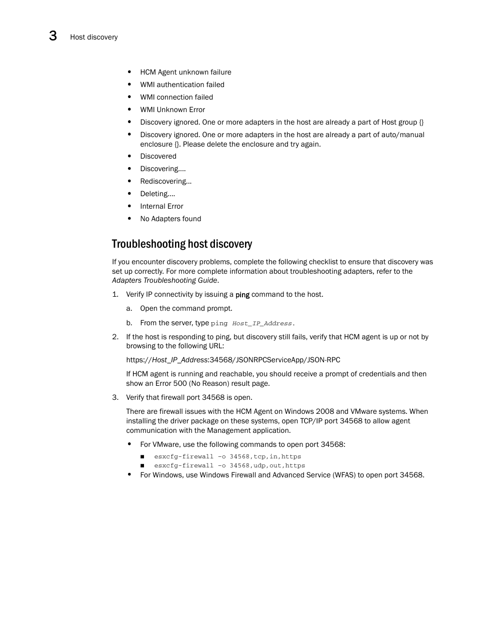 Troubleshooting host discovery | Brocade Network Advisor SAN User Manual v12.3.0 User Manual | Page 118 / 1940