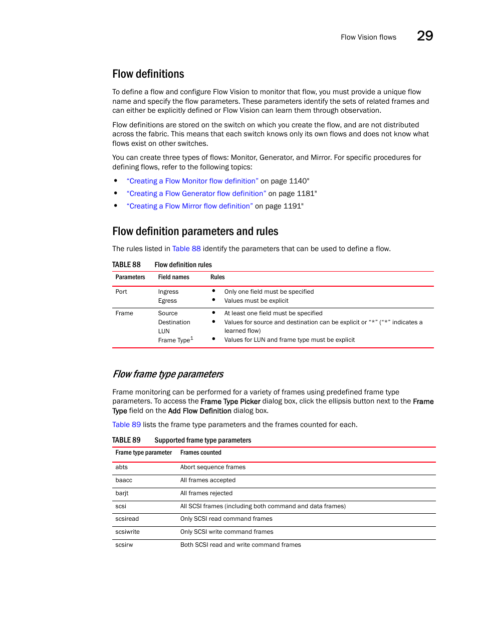 Flow definitions, Flow definition parameters and rules, Supported frame type parameters | Flow frame type parameters | Brocade Network Advisor SAN User Manual v12.3.0 User Manual | Page 1181 / 1940