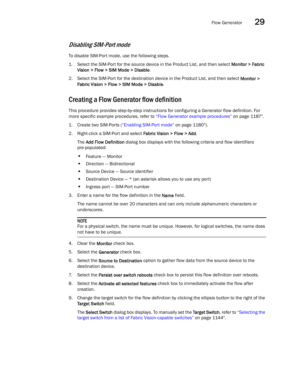 Creating a flow generator flow definition, Disabling sim-port, Mode | Disabling sim-port mode | Brocade Network Advisor SAN User Manual v12.3.0 User Manual | Page 1233 / 1940