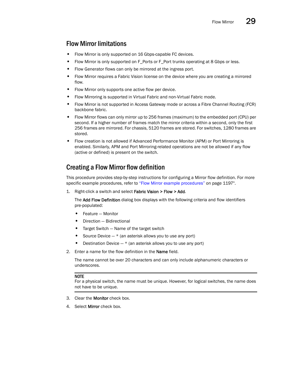 Flow mirror limitations, Creating a flow mirror flow definition, Creating a | Flow mirror flow definition, Creating a flow mirror flow, Definition | Brocade Network Advisor SAN User Manual v12.3.0 User Manual | Page 1243 / 1940